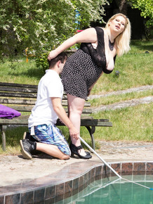 Obese blonde woman sits on the pool boy's face after seducing him