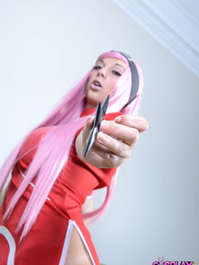 Pink haired ninja Sophie Parker shows her amazing juggs and toys her muff