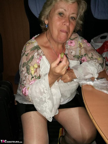 Far grandmother Caro flashes pubic hairs that escape her upskirt underwear