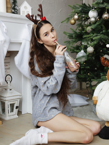 Adorable teen Leona Mia shows her thin body wearing deer antlers and socks