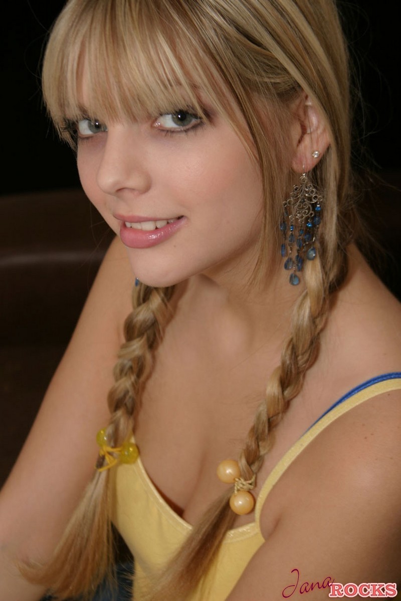 Sweet teen girl Jana Jordan models non nude with her hair in pigtails